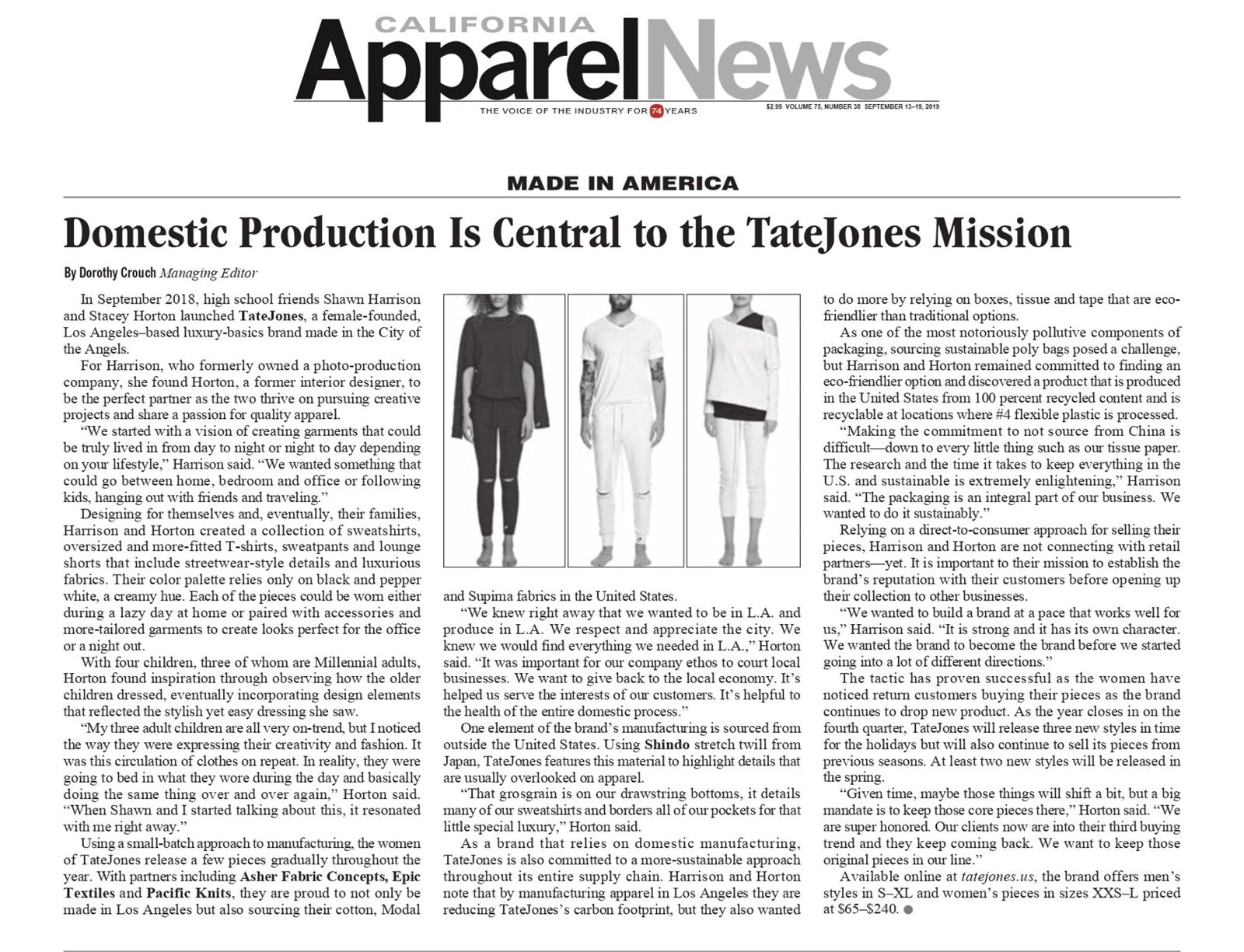 TATEJONES featured in California Apparel News.